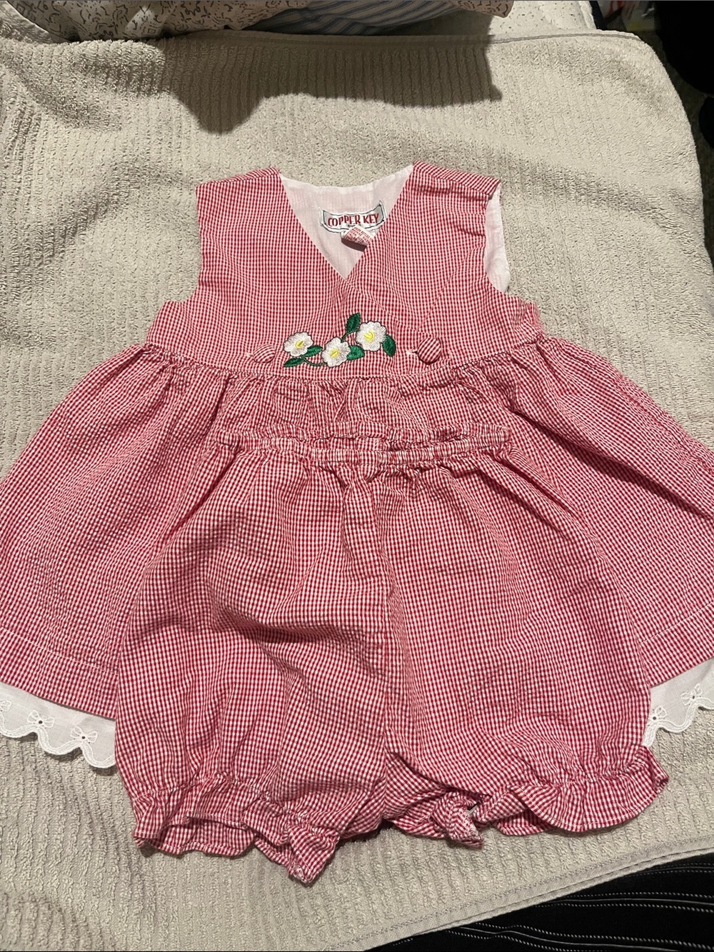 Copper Key Red Gingham and Lace Embroidered Baby 2t